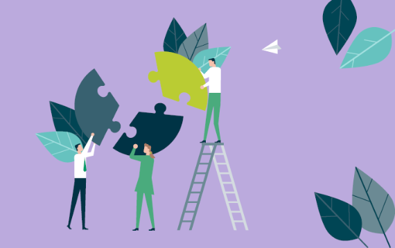 Klimastrategie Eine Illustration, bei der Mitarbeiter Puzzleteile zu einem Gesamtbild zusammenfügen, was die gemeinsame Anstrengung zur Umsetzung der Klimastrategie symbolisiert.