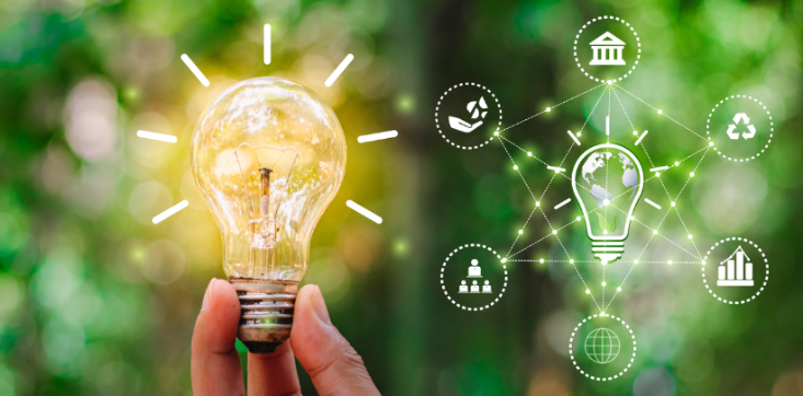 Leuchtende Glühbirne neben einem Schaubild, dass Ideenreichtum über die gesamte Wertschöpfungskette symbolisiert