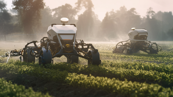 Feldrobotor auf einem Feld im Nebel
